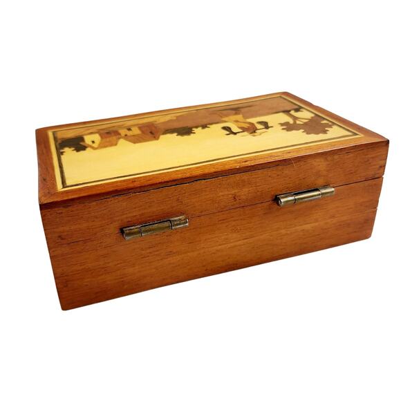 VTG Folk Art Marquetry Inlaided Wooden Trinket Catchall Trinket Box Primitive - Picture 4 of 7